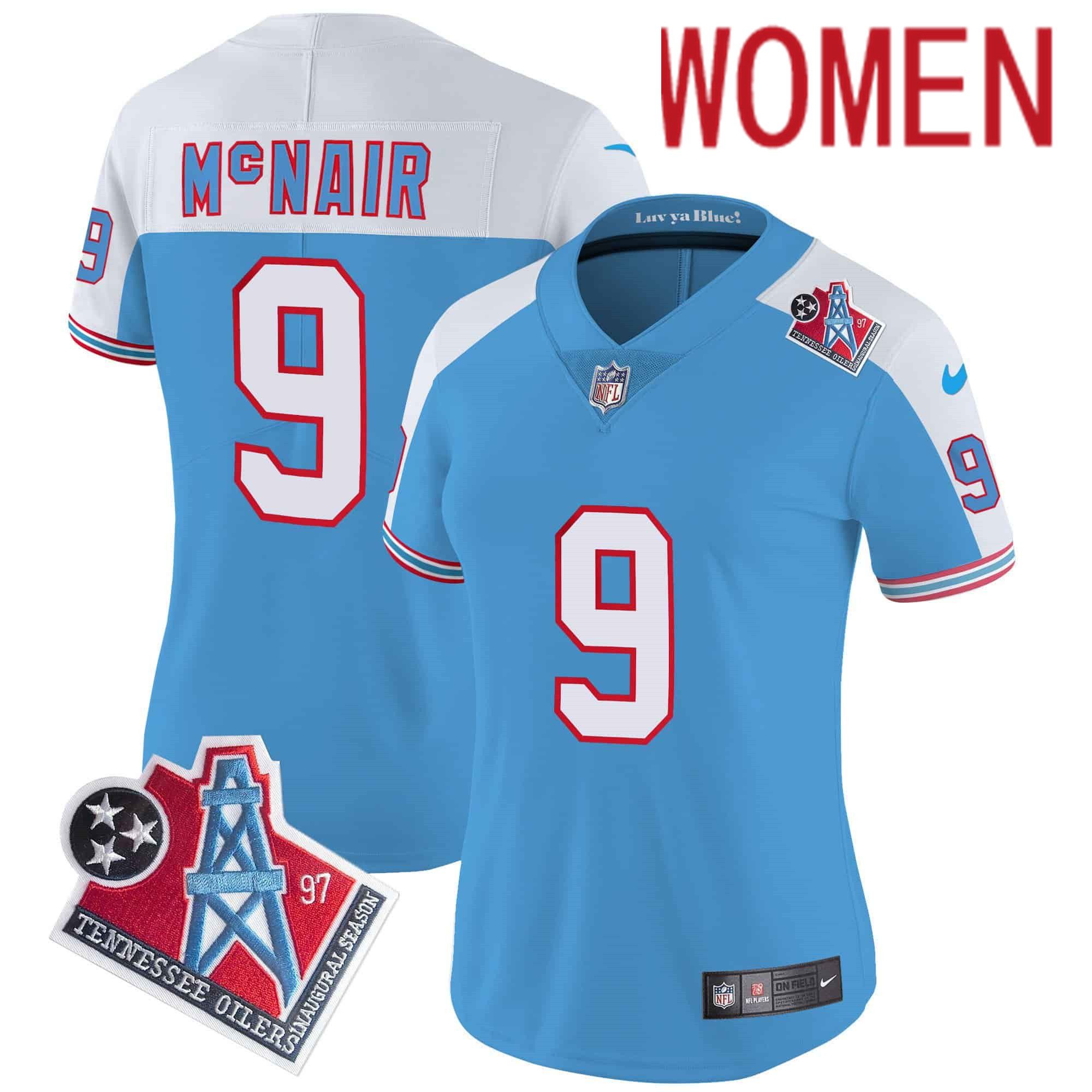 Women Tennessee Titans #9 Mcnair Light Blue 1997 Throwback 2024 Nike Limited Vapor NFL Jersey style 1